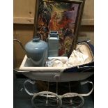 A child’s silver cross pram two Art Deco style plaster wall plaques an unusual oil painting by jan