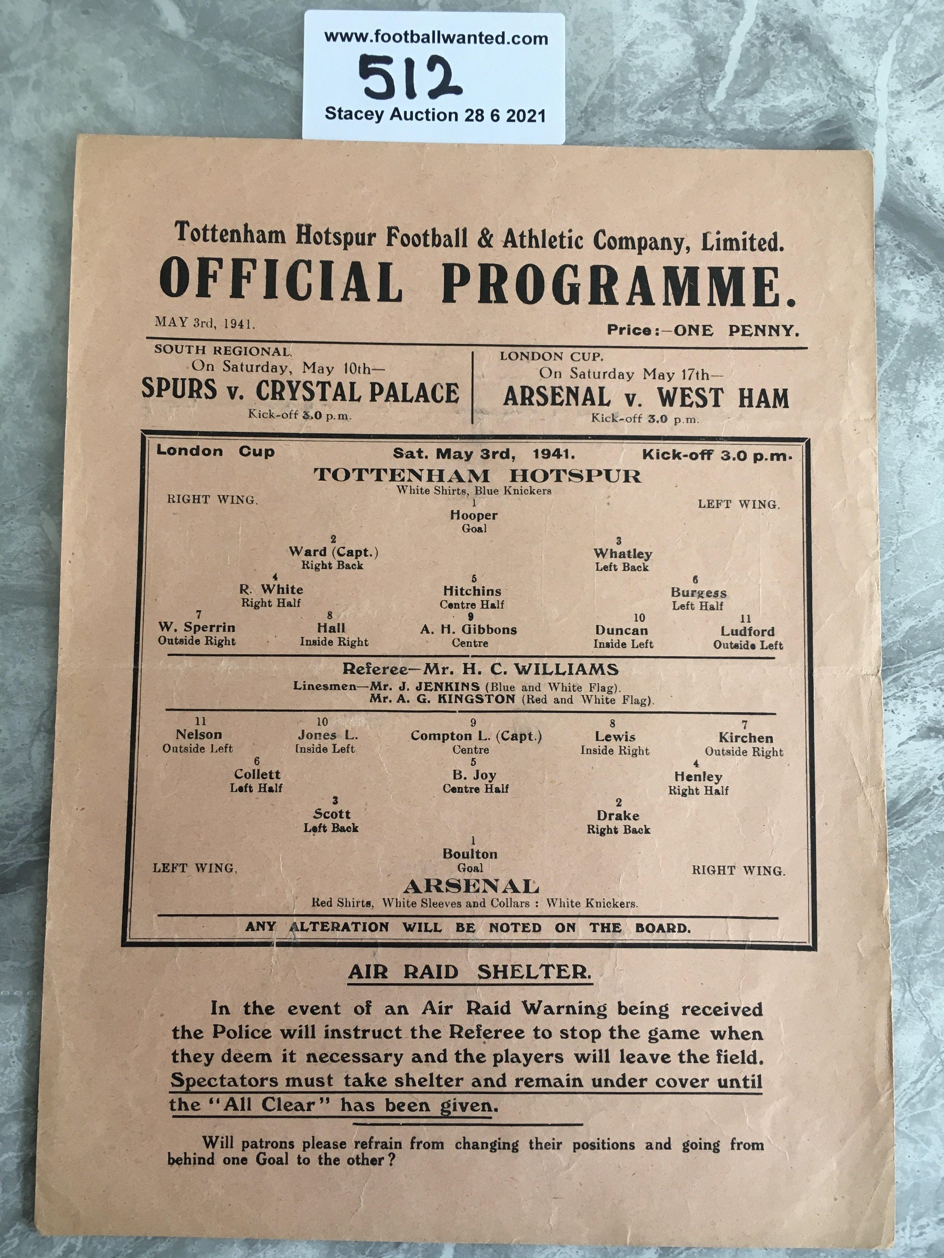 1940/41 Tottenham v Arsenal Football Programme: Wa