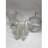 A collection of cut glass ware including punch bow