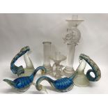 Two Murano glass birds and two classical candlesti