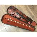 An old cased violin and bow - NO RESERVE