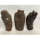 3 bamboo root carvings depicting deity’s, each app