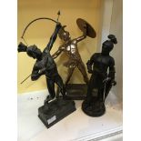 Three spelter figures of a Roman soldier and knigh