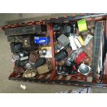 Two crates of various cameras and accessories, and glass photographic plates.