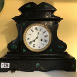 A Victorian slate mantle clock inset with green ma