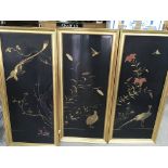 Three Japanese lacquer panels depicting birds amon