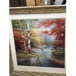 A large framed painting of a woodland landscape, s