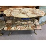 2 gilt and onyx topped coffee tables 120 x 50cm / 105 x 51cm.