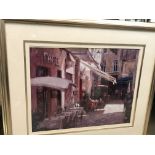 A framed study of a French cafe street scene in pi