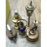 Four lamps, and two copper kettles.