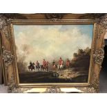 A framed oil painting depicting a hunting scene, s