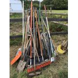 A collection of garden tools including spades forks rakes (a lot)
