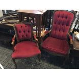 Two beechwood arm chairs with red Upholstery. (2)