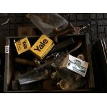 A box containing old boxed Yale Locks and other tools