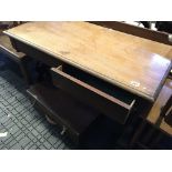 A Victorian mahogany table with a rectangular top above two drawers on shaped supports United by a