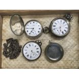 Three silver cased pocket watches and an Omega wat