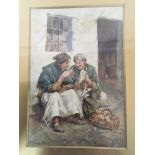 A framed watercolour study of figures outside an I