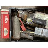 A box of mixed items to inc vintage fire extinguis