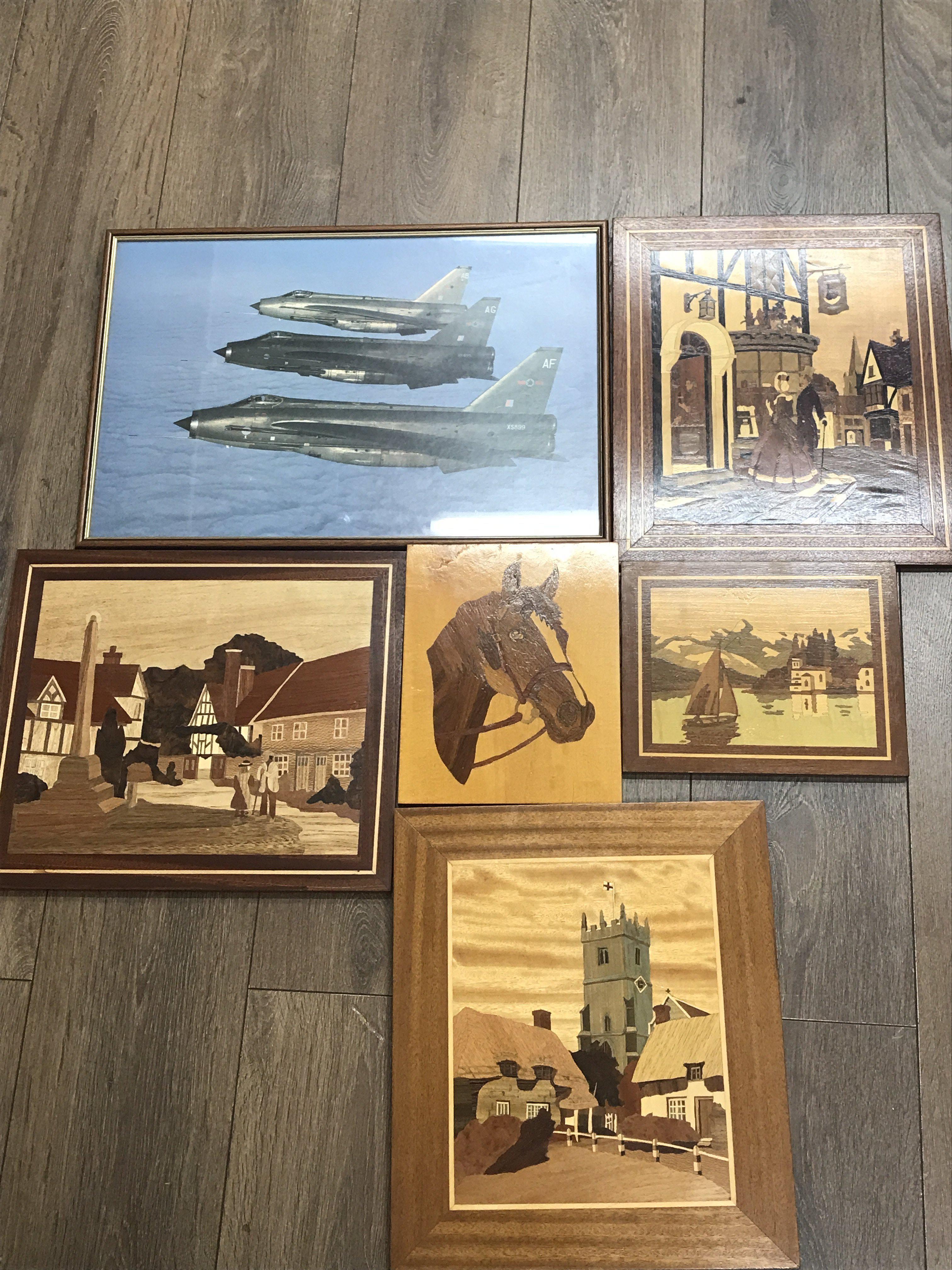 Five wooden inlaid pictures and framed picture