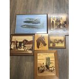 Five wooden inlaid pictures and framed picture