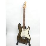 An AXL Strat style electric guitar with leopard pr