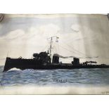 A unframed World War I watercolour, study of HMS E