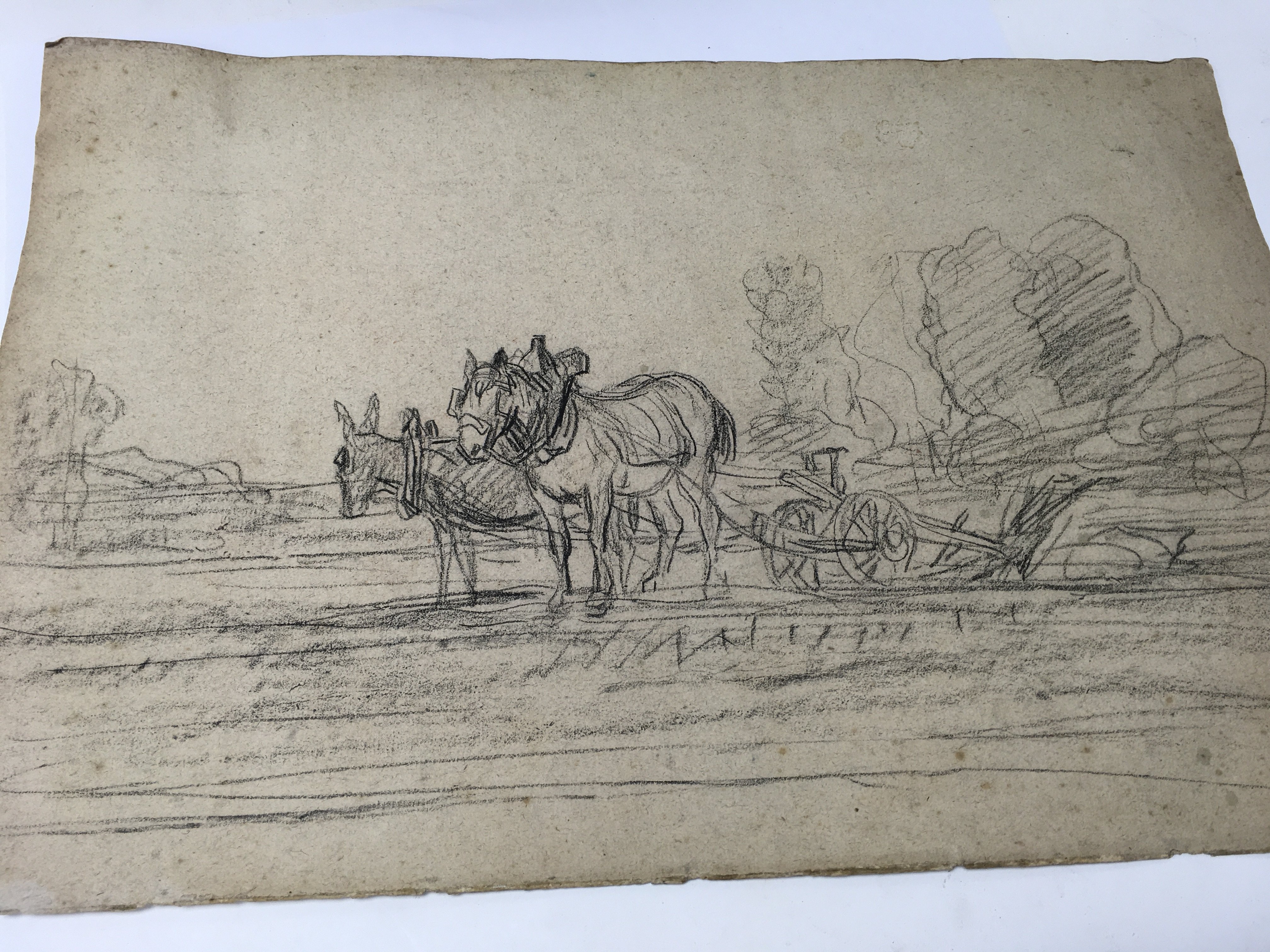 A charcoal sketch titled The Plough Team. 19th cen