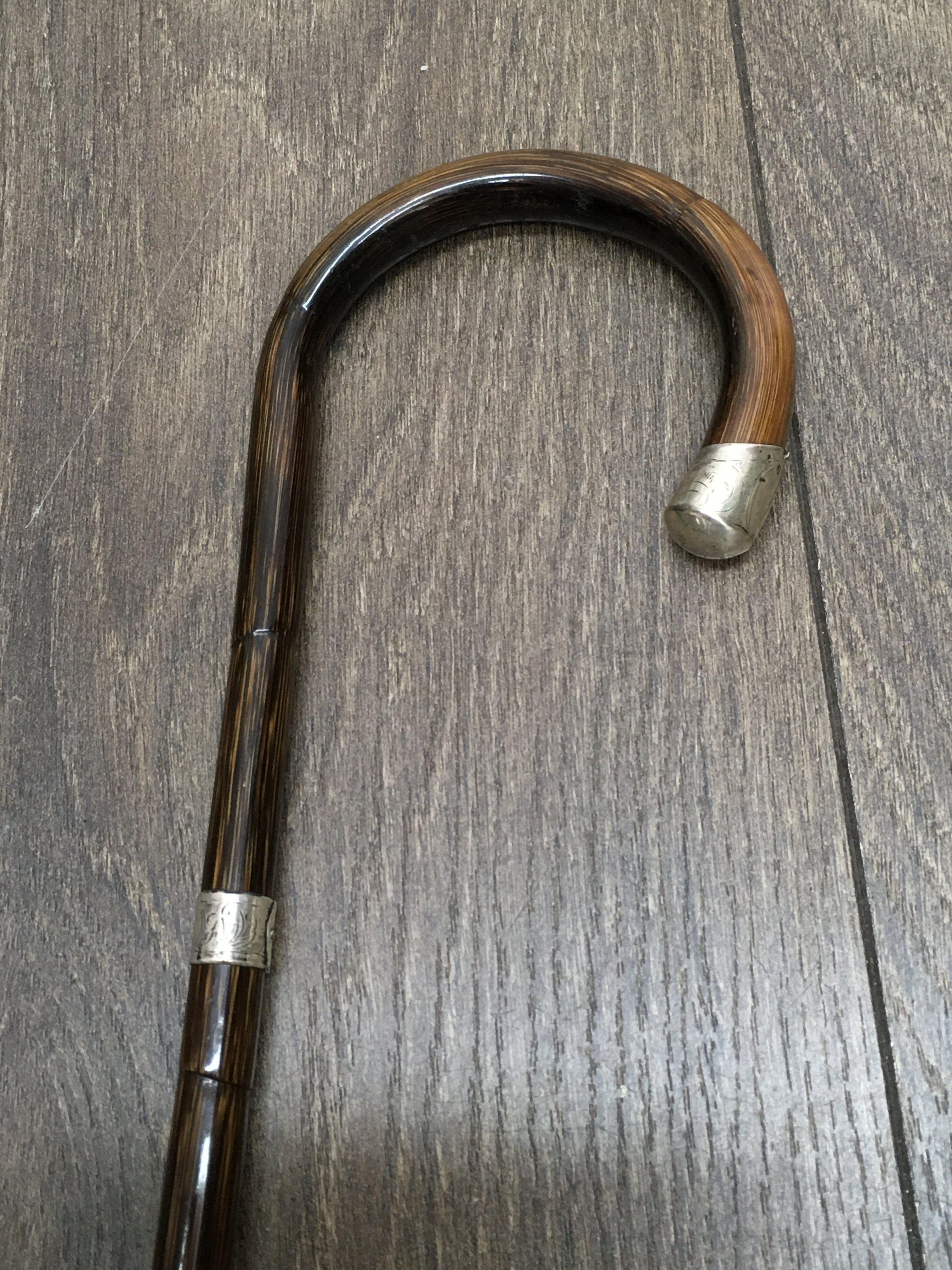 A walking stick with two silver bands.