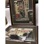 Two framed watercolours of urban street scenes. No