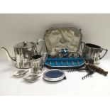 A three piece silver plated tea service, cutlery set, corkscrews etc. - NO RESERVE