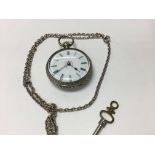 A silver cased key wind pocket watch with attached