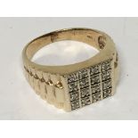 A gents 9ct gold Rolex style ring set with 16 diam