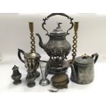A collection of metalware including a silver plate