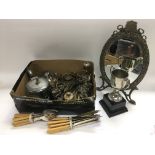 A box of mixed silver plated items and other metalware including cutlery, sugar shaker, mirror etc.