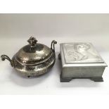 An Elkington & Co sugar bowl and cover together with an Art Nouveau style metal cigarette box (2).