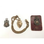 A gold watch chain and fob together with two silver watch fobs (3).