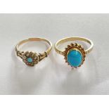Two Vintage 9ct gold rings set with polished Turqu