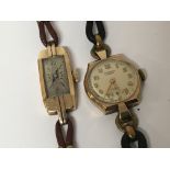 Two ladies 9ct gold cased vintage watches with leather straps (2)