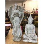 Two composition garden ornaments comprising an angel and a buddha, approx heights 73cm and 55cm.