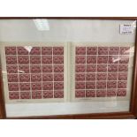 Sheet stamps framed including, Australia 1945 3.5d double spread, 1945 2.5d double spread, 5.5d,