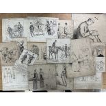 A collection of original illustrations and storyboard sketches with some prints (anotatations to