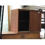 A Teak and metal modern design room ladder rack display cabinet sections with sliding doors and drop