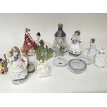 A Lladro figure other Doulton Coalport and Beswick figures Herend porcelain dishes and a bottle of