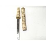 19th century Japanese knife in carved bone sheath with carved handle