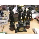 A spelter figural clock set. Both garnitures and clock decorated with fishermen and women - NO