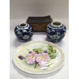 Two blue and white ginger jars, an oval dish with hand painted floral decoration etc.