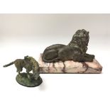 19th century metal lion on marble base and painted metal mythical animal