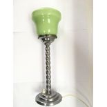 An Art Deco barley twist chrome lamp with a green glass shade, approx height 43cm.
