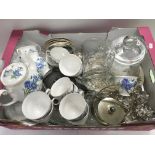 A box containing a Queen Anne tea service, silver plate and cut glass items.