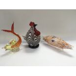 Three Murano glass animal figures comprising a cockerel and two fish - NO RESERVE